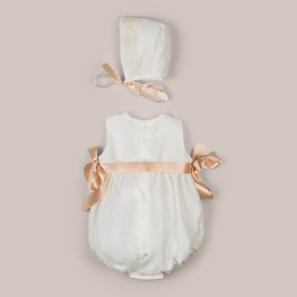 Romper baby christening with Bonnet Nougat