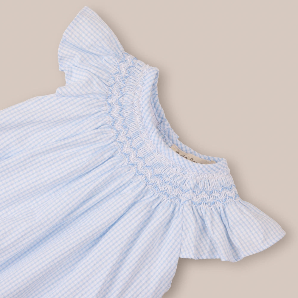 Vestido de bebê com tapa-fralda Smock Azul Vichy