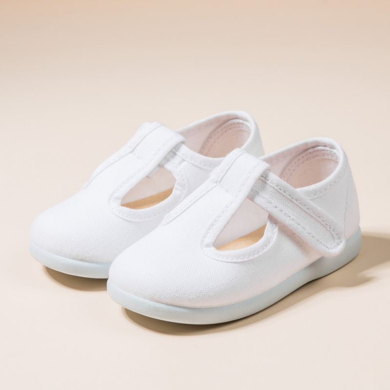 WHITE COTTON CANVAS PEPITOS OR T-STRAP WITH VELCRO STRAP