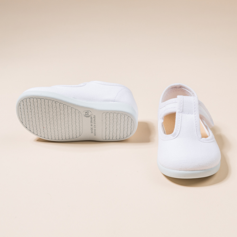 WHITE COTTON CANVAS PEPITOS OR T-STRAP WITH VELCRO STRAP