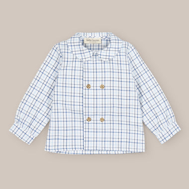 Camisa xadrez azul de abotoamento duplo